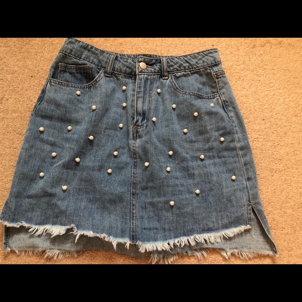Denim Skirt with Pearl Detail